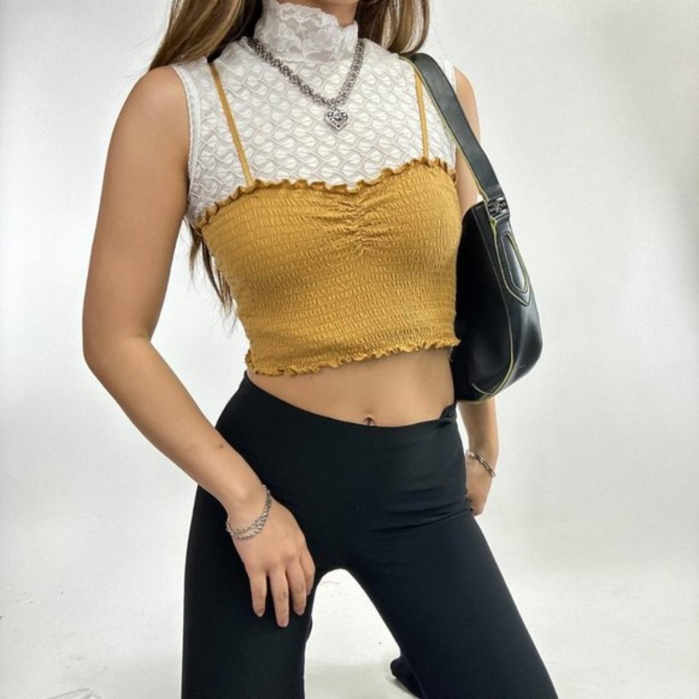 Dark mustard shirred top. Adjustable straps